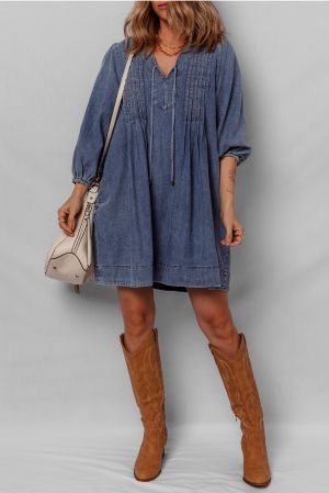 Women's Loose Denim Dress with Pleated Front, Pockets & Long Sleeves