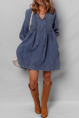 Women's Loose Denim Dress with Pleated Front, Pockets & Long Sleeves