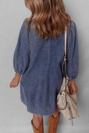 Women's Loose Denim Dress with Pleated Front, Pockets & Long Sleeves