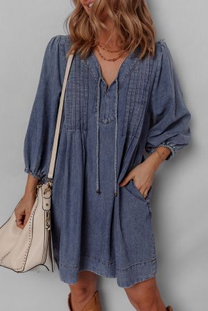 Women's Loose Denim Dress with Pleated Front, Pockets & Long Sleeves