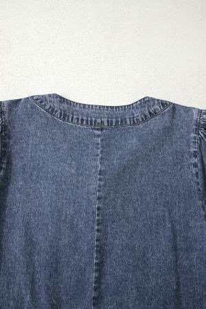 Women's Loose Denim Dress with Pleated Front, Pockets & Long Sleeves