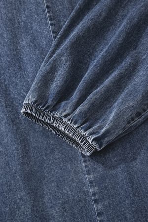 Women's Loose Denim Dress with Pleated Front, Pockets & Long Sleeves