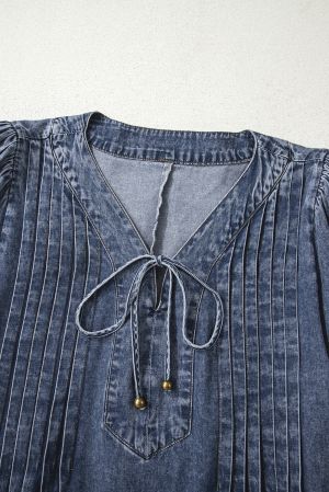 Women's Loose Denim Dress with Pleated Front, Pockets & Long Sleeves