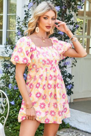 Women's Floral Print Mini Dress with Puff Sleeves & Pockets