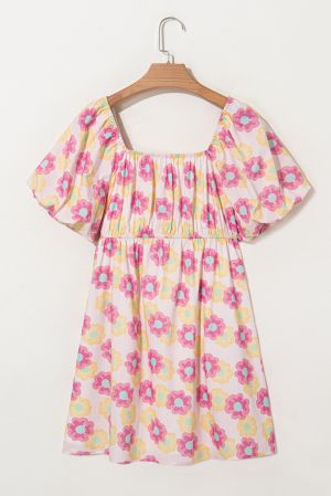 Women's Floral Print Mini Dress with Puff Sleeves & Pockets