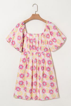 Women's Floral Print Mini Dress with Puff Sleeves & Pockets