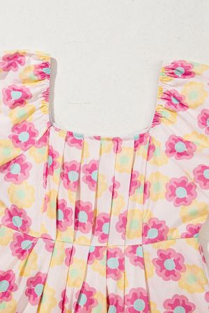 Women's Floral Print Mini Dress with Puff Sleeves & Pockets