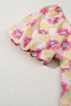 Women's Floral Print Mini Dress with Puff Sleeves & Pockets