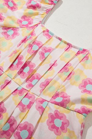 Women's Floral Print Mini Dress with Puff Sleeves & Pockets