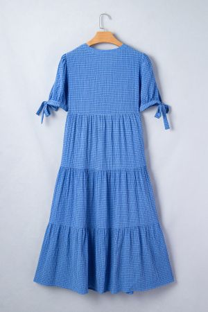 Women's Tiered Dress with V-Neck and Tie Sleeves