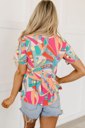 Women's Colorful Geometric Print Blouse with V-Neck