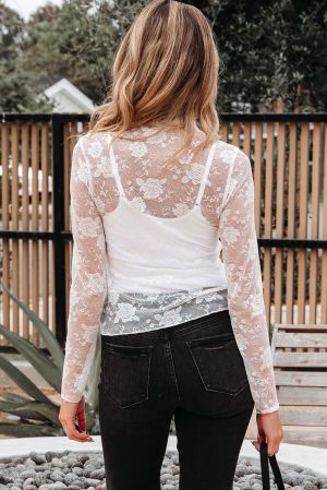 Women’s Elegant Floral Lace Top with Long Sleeves – White