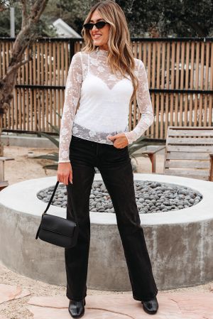 Women’s Elegant Floral Lace Top with Long Sleeves – White