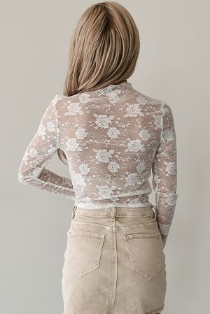 Women’s Elegant Floral Lace Top with Long Sleeves – White