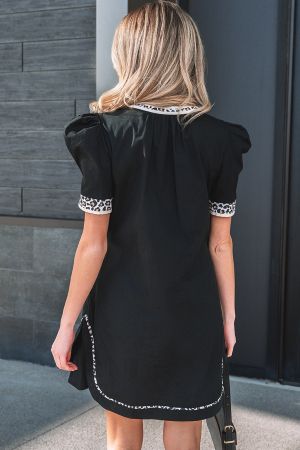 Women’s Black Dress with Leopard Accents and Short Sleeves