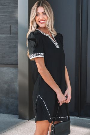 Women’s Black Dress with Leopard Accents and Short Sleeves