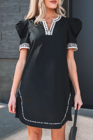 Women’s Black Dress with Leopard Accents and Short Sleeves