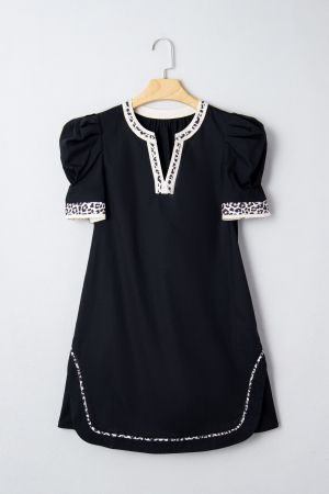 Women’s Black Dress with Leopard Accents and Short Sleeves