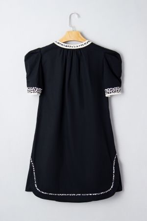 Women’s Black Dress with Leopard Accents and Short Sleeves