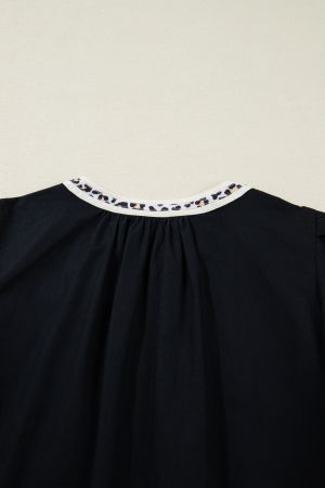 Women’s Black Dress with Leopard Accents and Short Sleeves