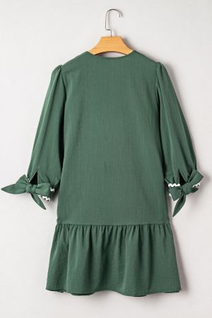 Women’s Green Shirt Dress with Decorative Trim and Long Sleeves