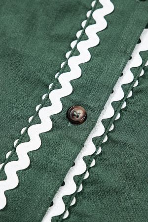 Women’s Green Shirt Dress with Decorative Trim and Long Sleeves