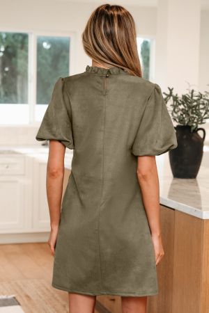 Short Dress with Puff Sleeves and High Neck