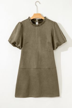 Short Dress with Puff Sleeves and High Neck