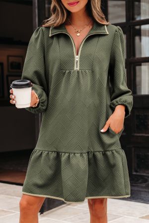 Women's zip-Up Dress with Pockets and Long Sleeves