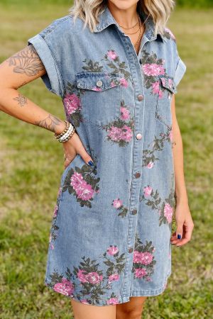 Women's Denim Dress with Short Sleeves, Pockets and Floral Pattern