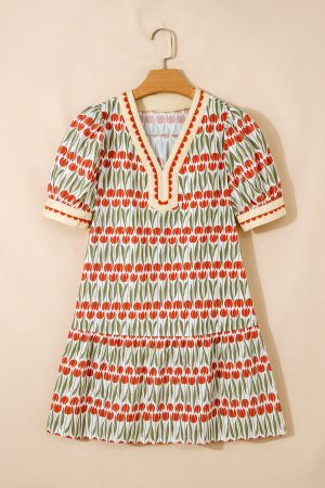 Women's Floral Mini Dress with V-Neck and Short Sleeves