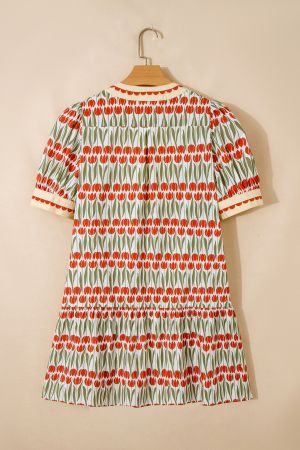 Women's Floral Mini Dress with V-Neck and Short Sleeves