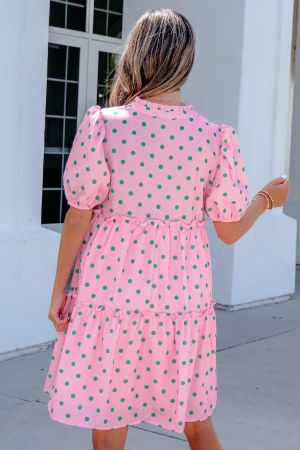 Women’s Pink Polka Dot Dress with V-Neck, Puff Sleeves and Ruffles