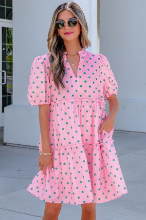Women’s Pink Polka Dot Dress with V-Neck, Puff Sleeves and Ruffles
