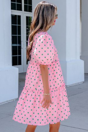 Women’s Pink Polka Dot Dress with V-Neck, Puff Sleeves and Ruffles