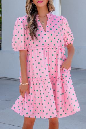 Women’s Pink Polka Dot Dress with V-Neck, Puff Sleeves and Ruffles