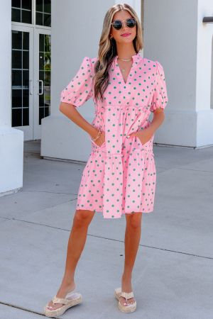 Women’s Pink Polka Dot Dress with V-Neck, Puff Sleeves and Ruffles