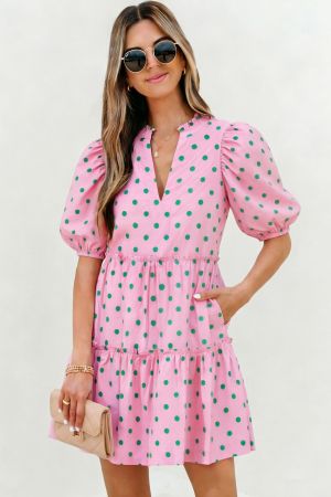 Women’s Pink Polka Dot Dress with V-Neck, Puff Sleeves and Ruffles