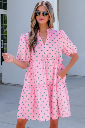 Women’s Pink Polka Dot Dress with V-Neck, Puff Sleeves and Ruffles
