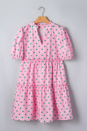 Women’s Pink Polka Dot Dress with V-Neck, Puff Sleeves and Ruffles