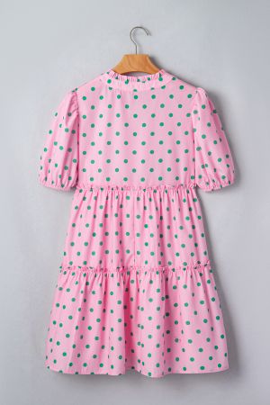 Women’s Pink Polka Dot Dress with V-Neck, Puff Sleeves and Ruffles