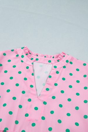 Women’s Pink Polka Dot Dress with V-Neck, Puff Sleeves and Ruffles