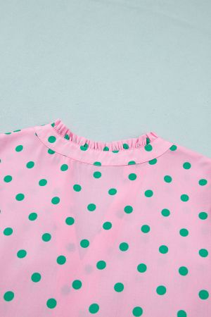 Women’s Pink Polka Dot Dress with V-Neck, Puff Sleeves and Ruffles