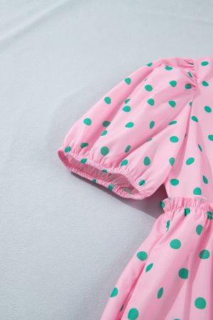 Women’s Pink Polka Dot Dress with V-Neck, Puff Sleeves and Ruffles