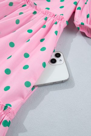 Women’s Pink Polka Dot Dress with V-Neck, Puff Sleeves and Ruffles