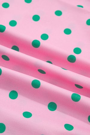 Women’s Pink Polka Dot Dress with V-Neck, Puff Sleeves and Ruffles