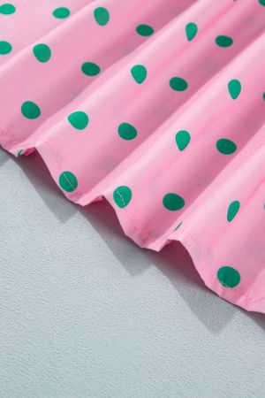 Women’s Pink Polka Dot Dress with V-Neck, Puff Sleeves and Ruffles