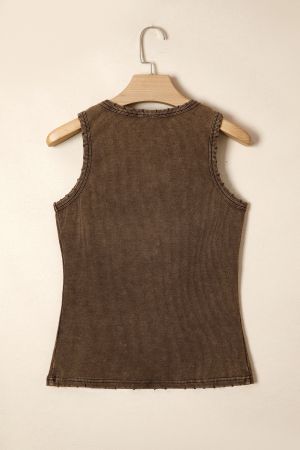 Women’s Brown Cotton Ribbed Tank Top with Button Detail