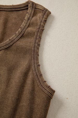 Women’s Brown Cotton Ribbed Tank Top with Button Detail