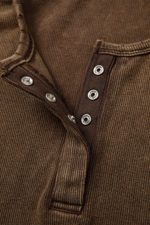 Women’s Brown Cotton Ribbed Tank Top with Button Detail